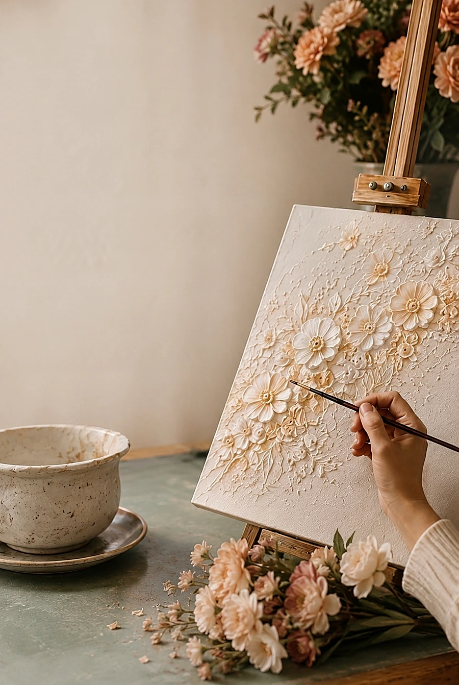 Mão a pintar um quadro floral texturado no Atelier Rosa